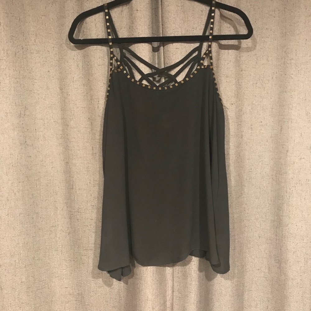 Black Love Marks tank with gold accents on straps